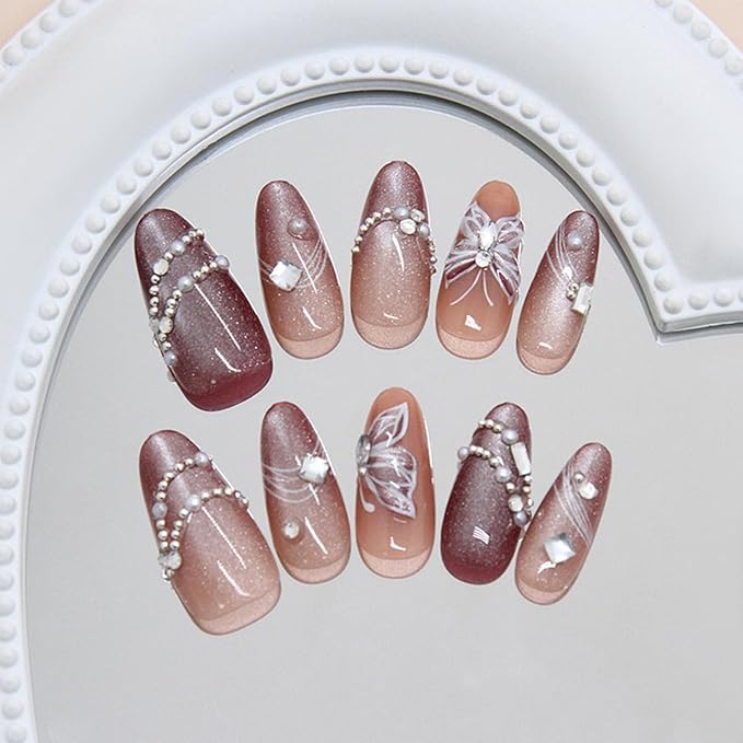 30Pcs Dark Pink Press on Nails Medium Almond Nails 3D Butterfly Pearl Rhinestone Fake Nail Y2K Designs Acrylic Glue on Nails Kit Reusable Artificial Nail Glossy Full Cover False Nail for Women