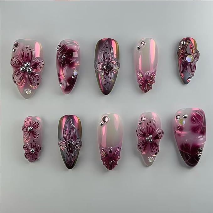 24Pcs 3D Flower Press on Nails Medium Almond Fake Nails with Gem Rhinestones Design Purple Floral Acrylic Nails Reusable French Tip Nail Full Cover Autumn False Nail for Women Manicure Decorations