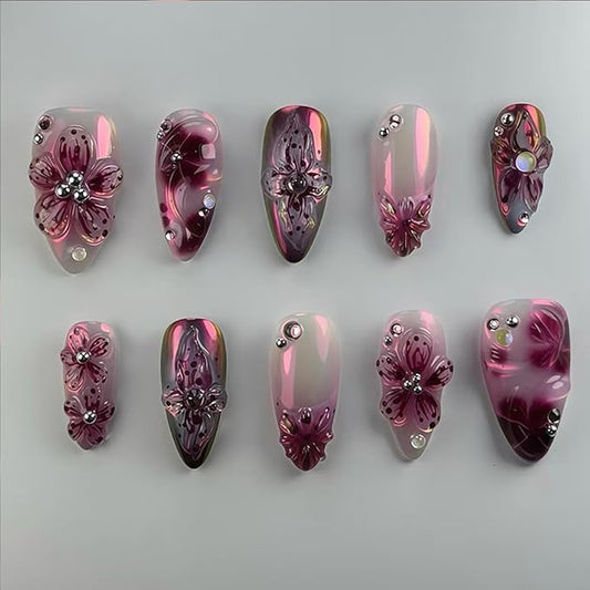 24Pcs 3D Flower Press on Nails Medium Almond Fake Nails with Gem Rhinestones Design Purple Floral Acrylic Nails Reusable French Tip Nail Full Cover Autumn False Nail for Women Manicure Decorations