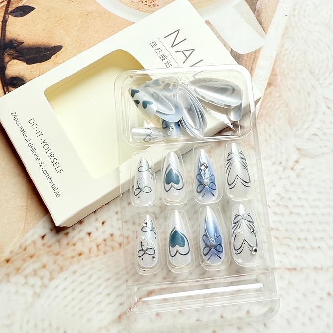 24Pcs Blue Press on Nails Medium Almond Fake Nails with 3D Silver Heart Bow Designs Pearl Rhinestones False Nails Blue White Glossy Acrylic Nail Tips Kit Full Cover Artificial Glue on Nails for Women