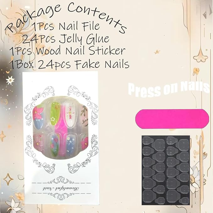 30Pcs 3D Flower Press on Nails Medium Almond Fake Nails with Gem Rhinestones Design Heart Bow Acrylic Nails Full Cover Cute Flowers False Nail Reusable Fall Stick on Nail for Women Manicure Decor