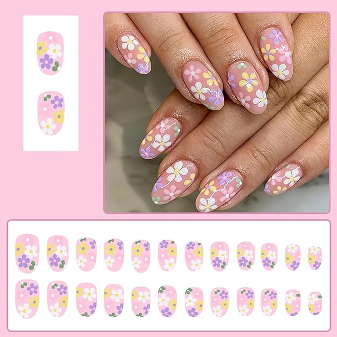 24Pcs Flower Press on Nails Short Fake Nails Colorful Daisy Glue on Nails Floral Acrylic Nails Almond Shape False Nails Spring Stick on Nails Cute Artificial Nails for Women Girls Wear Manicure Kit