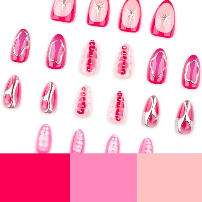 Pink Chrome Press On Nails, Glossy Metallic Edge Gel Nails with Abstract 3D Design, Reusable Soft Gel False Nails Set, Trendy Y2K Stick On Nails for Women and Girls