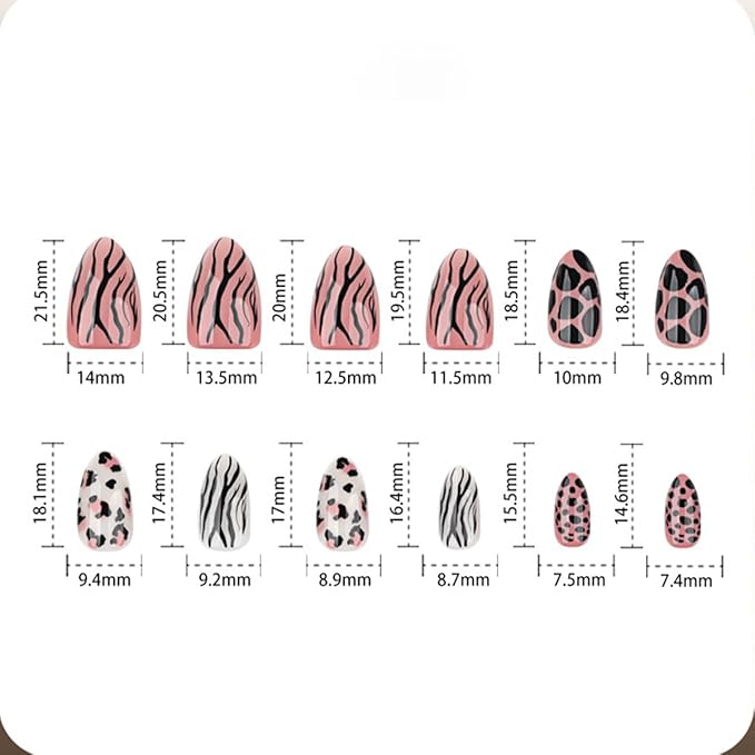 24Pcs Cute Almond Press on Nails Short Fake Nails Tiger Zebra Leopard Print Acrylic Nail Fall Glue on Nails Glossy Full Cover False Nail Autumn Winter Design French Artificial Nail for Women