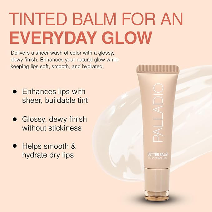Palladio Butter Balm - Hydrating Lip Balm with Sheer Tint, Aloe, Peptides, Shea Butter, and Vegan Formulation for Instant Moisture, Shine, and Soothing Lip Care, French Vanilla