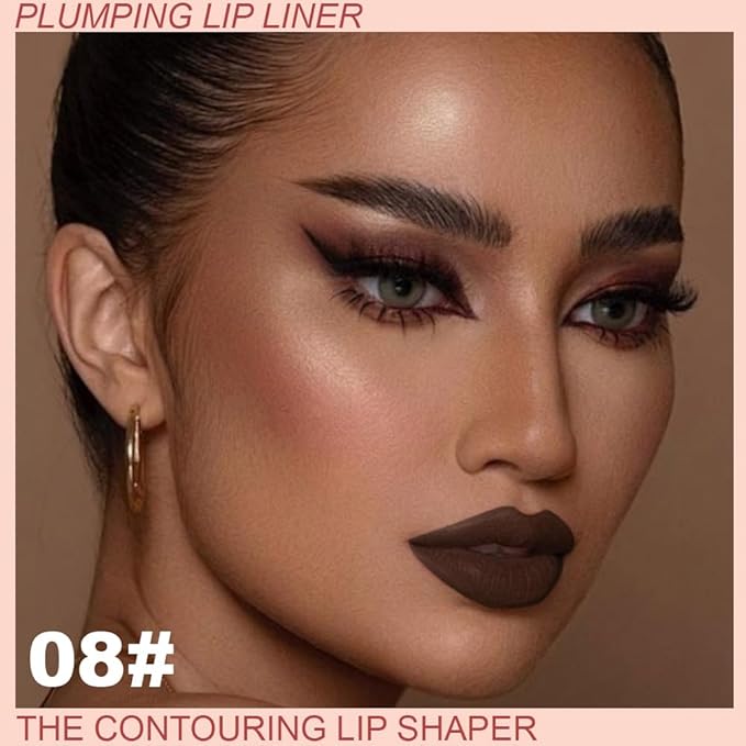 Plump Matte Crayon Lip Liner Pencil, Dark Brown Lipstick Lip Liners for Women, 24 Hour Long-Lasting Lip Gloss Makeup, With Silicone Smudger for Define Contours & Sculpting Lip, 08
