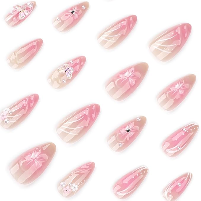 3D Handmade Press on Nails with Charms Almond Fake Nails 3D Butterfly Nail Art Charms False Nails Flower Pearl Rhinestones Crystal Acrylic Nail Reusable Glossy Glue on Nails for Women,24Pcs
