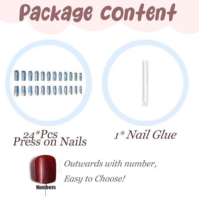 BABALAL Press on Nails Medium Square Fake Nails Blue Glue on Nails Snake Print Goth Acrylic Nails Chrome False Nails 24Pcs Squoval Manicure Stick on Nails Cyber Artificial Nails