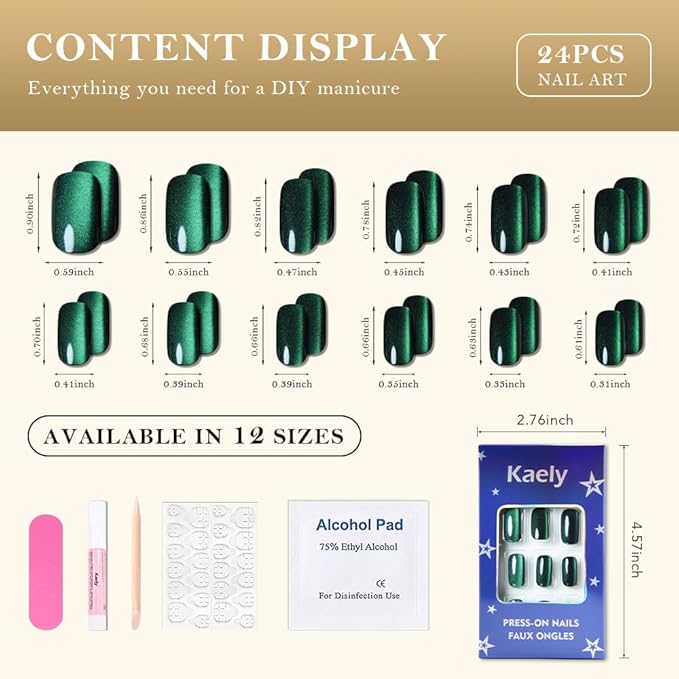 Cat Eye Green Press On Nails Medium Long Length Square, Designer Reusable Acrylic Fake Nail with Glue, Glossy Gel Nails Wedding Party, Stick On Glue On Nail, Nails Press Ons for Women