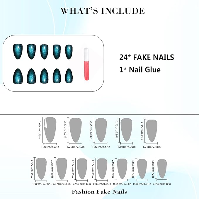 IMRAIN Cat's Eye Press on Nails Medium Almond Fake Nails Dark Blue Glossy Glue on Nails Full Cover Acrylic False Nails Stick on Nails Stiletto Artificial Nail Supplies for Women Girls 24Pcs