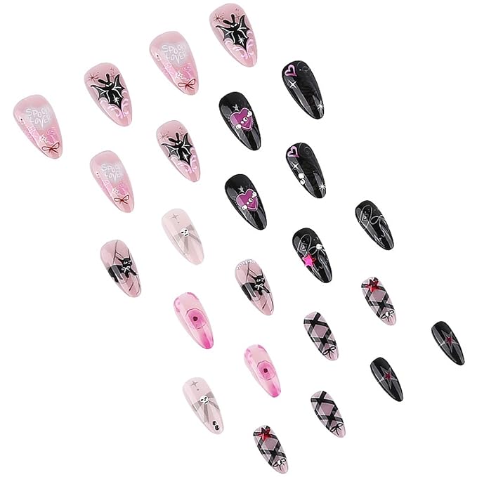 24Pcs Halloween Press on Nails Almond Medium Fake Nails Y2k Bat Cat Heart Star Rhinestone Design Gothic Acrylic Nails Black Pink Glue on Nails Bow False Nails Halloween Artificial Nails for Women