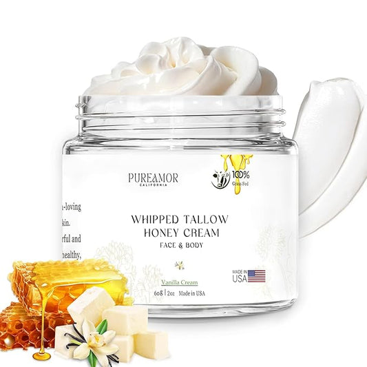 Grass-Fed Beef Tallow for Skin Made in USA, Absorbent, Soothing Tallow and Honey Balm, Smoother Beef Tallow for Face, Whipped Beef Tallow Moisturizer, Tallow Cream (2oz. Vanilla Scented)