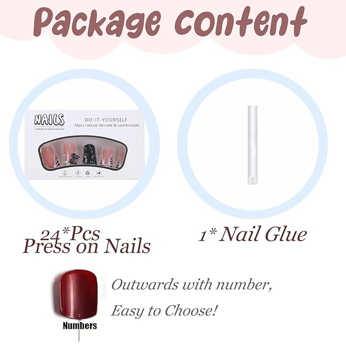 BABALAL Duck Nails Press on Black Fake Nails French Tip Glue on Nails 3D Texture Handmade Design Goth Acrylic Nails Bow Charm Stick on Nails 24Pcs Manicure Glossy Duck Bill False Nails