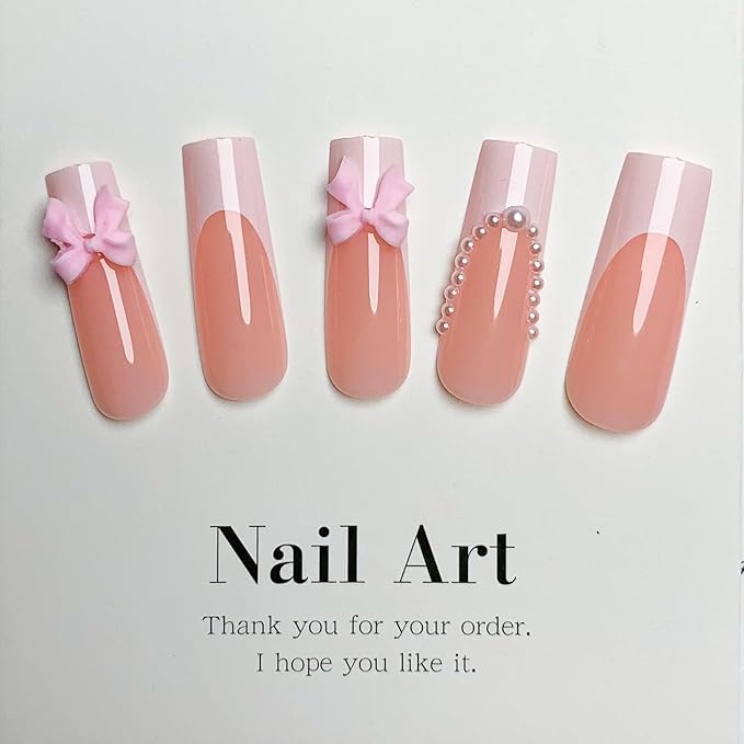 French Tip Press on Nails Long Square Fake Nails Bow Acrylic Nails Cute False Nails with Designs Pearl Glue on Nails White Nail Tip Nude Stick on Nails for Women Girls 24Pcs