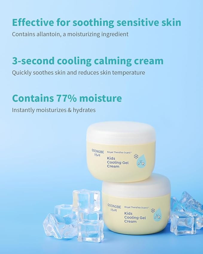 GOONGBE Kids' Cooling Gel Cream - Korean Kids Daily Quick Soothing and Cooling Moisturizer for Face and Body - Fresh Gel for Heated Skin with Cica and Allantoin - Allergen Free Scent, 3.38oz.