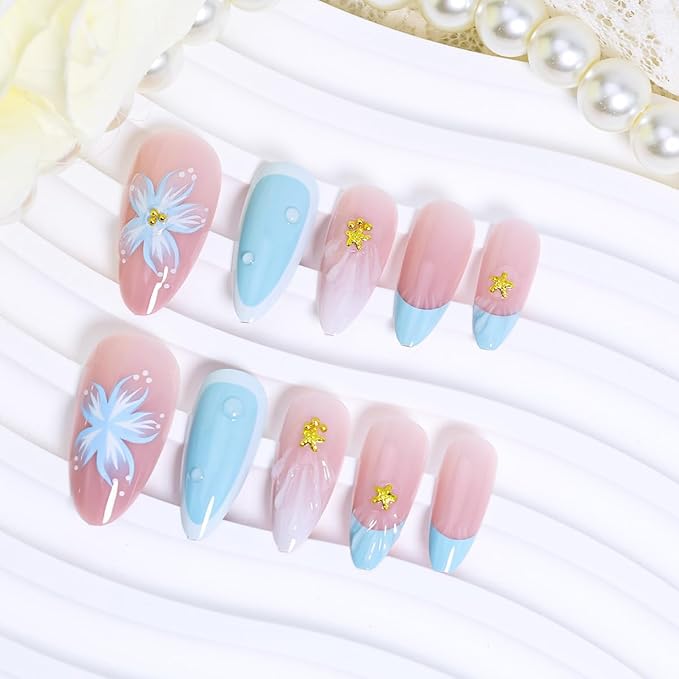 24Pcs Blue Flower Press on Nails Medium Almond French Tip Fake Nails with Gold Starfish Rhinestones Design 3D Ripple False Nails Full Cover Artificial Glue on Nails Summer Stick on Nails for Women DIY