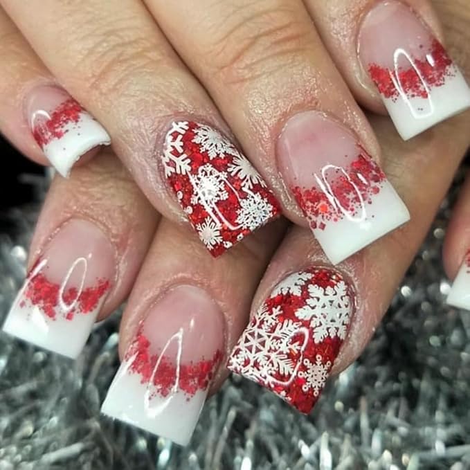 2 Packs 48Pcs Christmas Press on Nails Short Square Fake Nails Red Green Glitter Snowflake Nails French Ombre False Nails Glue on Nails Winter Xmas Stick on Nails for Women Girls Manicure