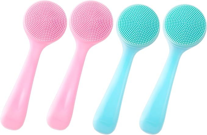 4 Pack Silicone Manual Facial Cleansing Brush, Skin Friendly Waterproof Face Cleaning Scrubber Exfoliator Cleanser for Blackheads Whiteheads Makeup Residues Removal- 2 Blue & 2 Pink