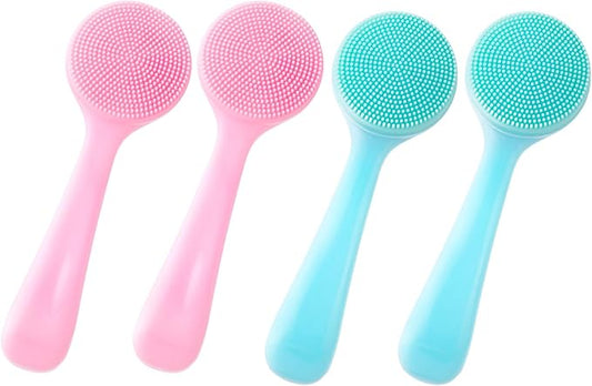 4 Pack Silicone Manual Facial Cleansing Brush, Skin Friendly Waterproof Face Cleaning Scrubber Exfoliator Cleanser for Blackheads Whiteheads Makeup Residues Removal- 2 Blue & 2 Pink