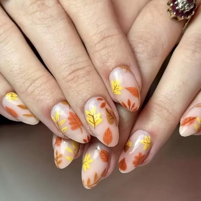 6 Packs (144 Pcs) Fall Press on Nails Medium Square, Almond Press on Nails, with Maple Leaf Design Thanksgiving Day Fake Nails for Women - 12 Sizes, 6Styles