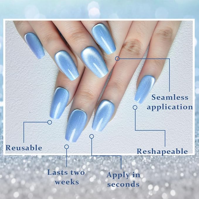 evpct Sky Blue Cat Eye Coffin Press on Nails Square Medium, Medium Square Glue on Nail for Women Gift, Sky Blue Metallic Glitter Glossy Reusable Summer Soft Gel Press on Acrylic Fake Nail with Designs