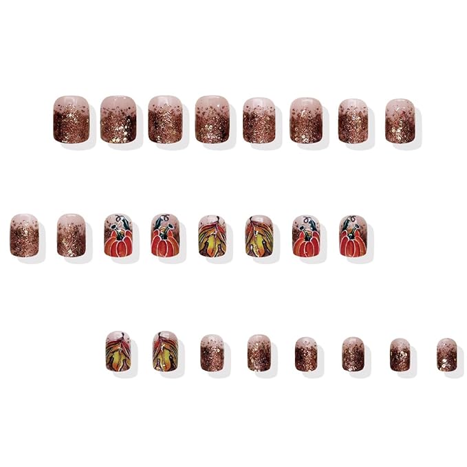 24Pcs Thanksgiving Press on Nails Short Square Fake Nails Glitter Pumpkin Stick on Nails French Tip False Nails Autumn Maple Leaf Acrylic Glue on Nail for Women DIY Fall Press ons Manicure