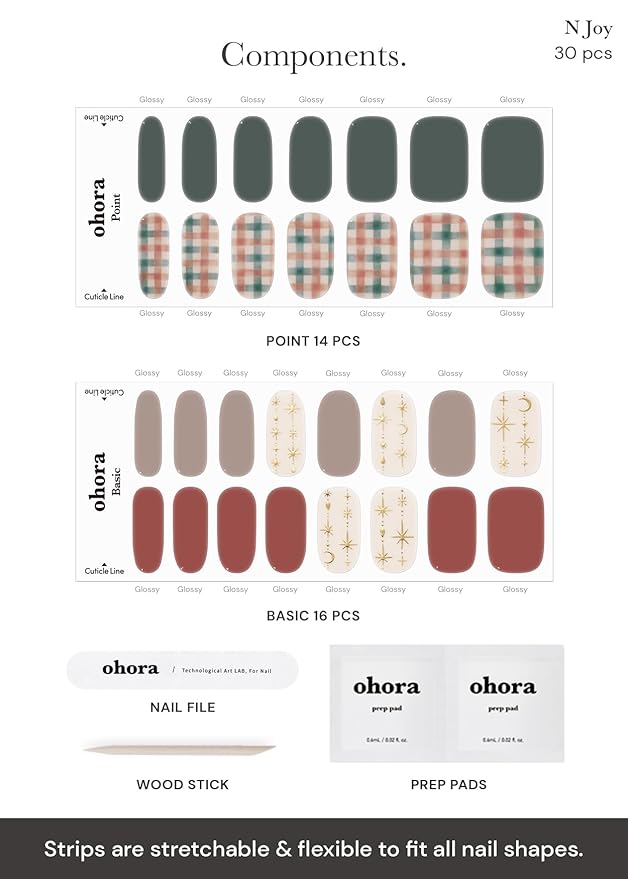 ohora Semi Cured Gel Nail Strips (N Joy) - Green, Patterned, Works with Any UV/LED Lamps, Salon-Quality, Long Lasting, Easy to Apply & Remove - Includes 2 Prep Pads, Nail File & Wooden Stick