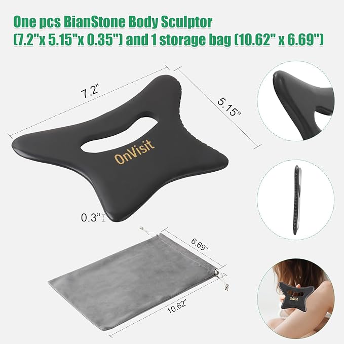 Full Body Gua Sha Tool and Facial Massage Tools, Ergonomic Bian Stone Handle Guasha Scraping for Neck/Arm/Back/Legs and Stomach Massager for Lymphatic Drainage & Cellulite (Black, Large)