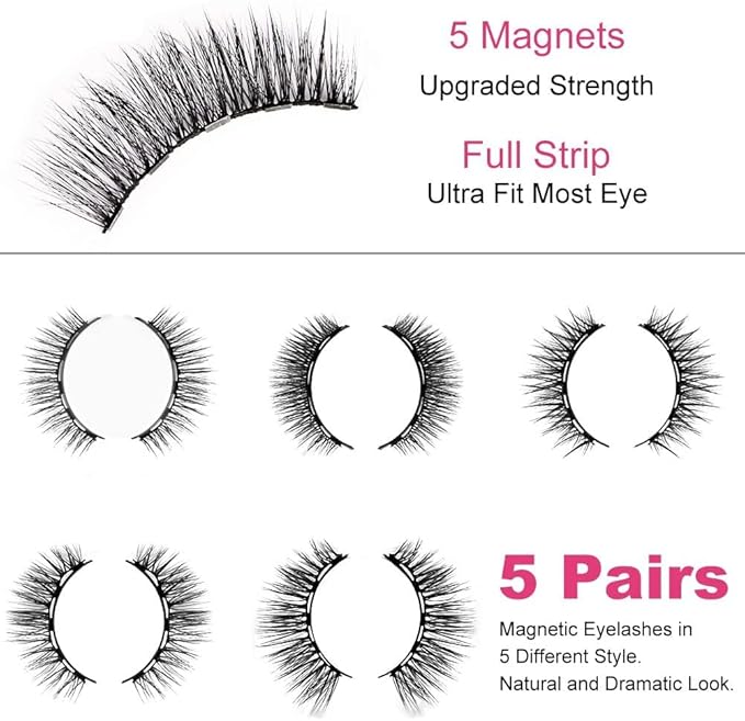 AOMIG Magnetic Eyelashes with Eyeliner Kit, 5 Pairs Natural Look False Eyelashes with Applicator, Waterproof Eyeliner Reusable Fake Lashes for Makeup Eyelashes Extension Black