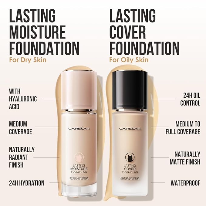 CARSLAN Lasting Moisture Foundation, 24H Longlasting Medium Coverage Dewy Finish Face Makeup, Poreless, Lightweight, Hydrating Liquid Foundation For Dry Skin, W01