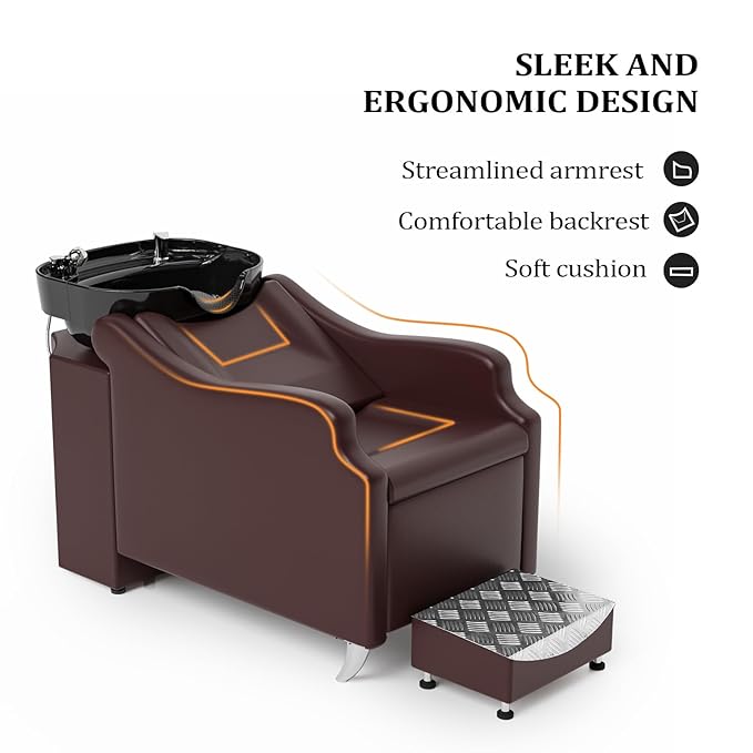 OmySalon Shampoo Backwash Unit with Black Porcelain Bowl, Salon Sink Hair Wash Chair Shampoo Station, Barbershop Beauty Spa Massage Hairdressing Equipment