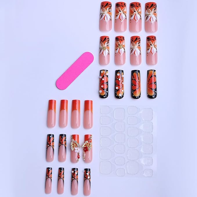 3D Butterfly Press on Nails Long Square Fake Nails Orange French Tip False Nails Flower Drip Rhinestone Design Full Cover Glossy Glue on Nails for Women 24PCS