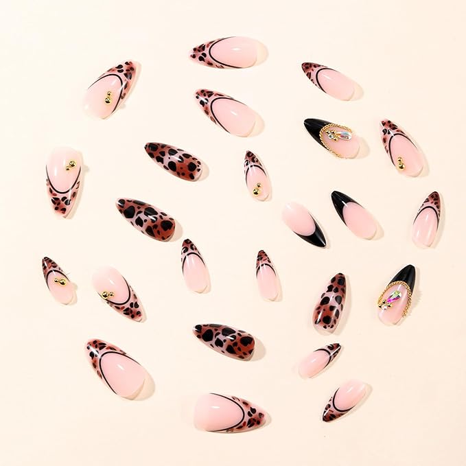 Leopard Press on Nails Almond Medium French Tip Fake Nails with Gold Chain Steel Beads Charms Glossy Acrylic False Nail Cheetah Print Nails Full Cover Stick on Nail for Women 24Pcs