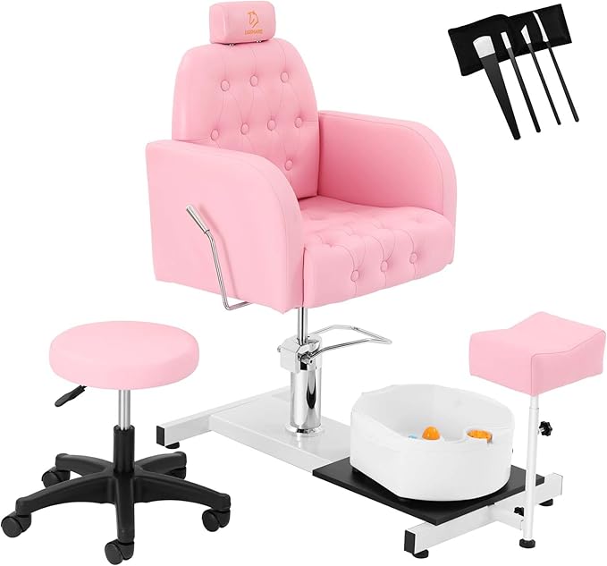 Reclining Pedicure Chair with Foot Massage Basin & Stool, Hydraulic Adjustable Pedicure Chair Station, 360° Rotation Beauty Spa Salon Unit Station Pink