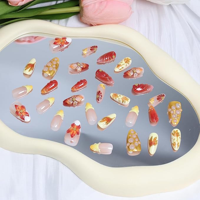 30Pcs Fall French Tip Press on Nails Medium Almond Thanksgiving Fake Nails 3D Flower with Gold Bead Glitter Designs Autumn Holiday Stick on Nails with Glue Maple Leaf False Nails for Women Acrylic