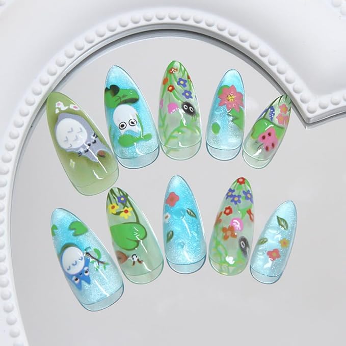 24Pcs Flower Press on Nails Medium Almond Cartoon Fake Nails with Refreshing Summer Leaves Design Autumn Winter Full Cover Artificial Glue on Nails Handmade Stick on Nails for Women DIY
