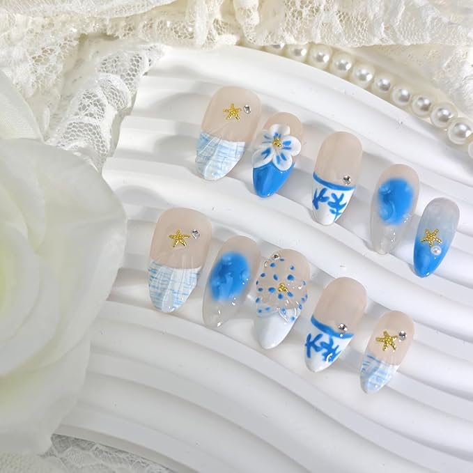 10Pcs Blue Flower Press on Nails Medium Almond Handmade Fake Nails 3D Flower with Gold Starfish Summer Press Ons Designs Stick on Nails French Tip False Nails for Acrylic Manicure Decorations Tips
