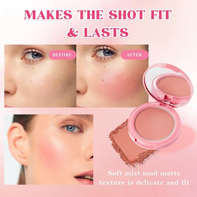 Peach Pink Powder Matte Blush with Mirror – Lightweight Smooth Blendable Baked Blush, Fade & Transfer-Resistant, Natural Matte Finish, Vegan & Cruelty Free, Perfect Makeup Gift for Women #01
