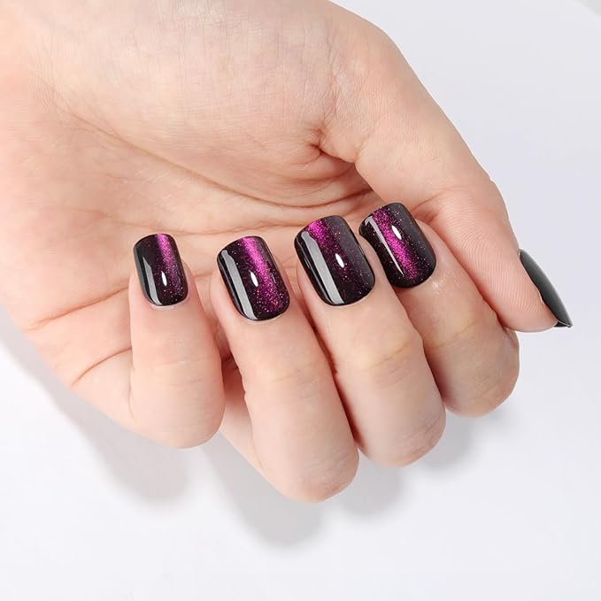 Purple Press On Nails Short Square, Purple to Black Gradient Cat Eye Press on Nails with Glue for Women Ashionable Gel False Nails Reusable Acrylic False Nails Women's Glitter Nails Glue On Nails Kit