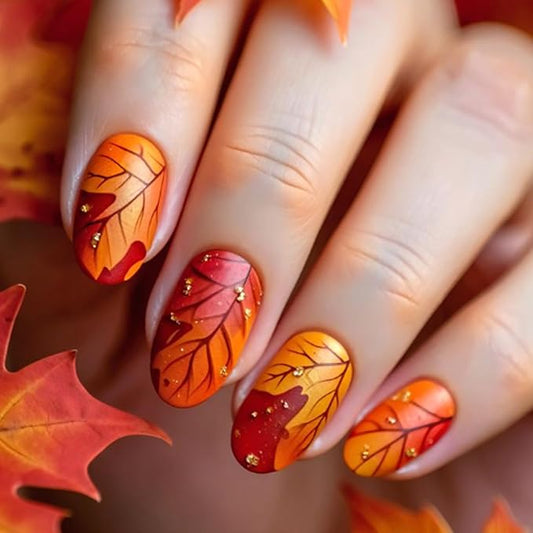Maple Leaf Press on Nails Matte Gold Glitter Acrylic Fake Nail 24Pcs Fall Leaves Stick on Fingernails Thanksgiving Short Almond False Nails Autumn Gradient Gel Glue on Nail for Coquette Women Girls