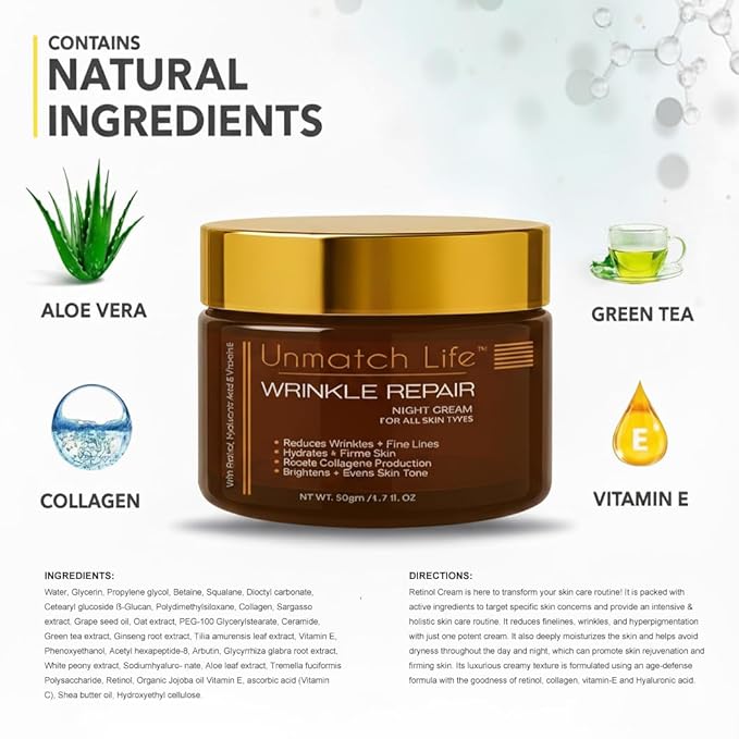 Retinol Anti-Aging Night Cream – Wrinkle Repair Moisturizer with Hyaluronic Acid, Collagen & Peptides – Firming & Hydrating Face Cream for Women & Men – All Skin Types