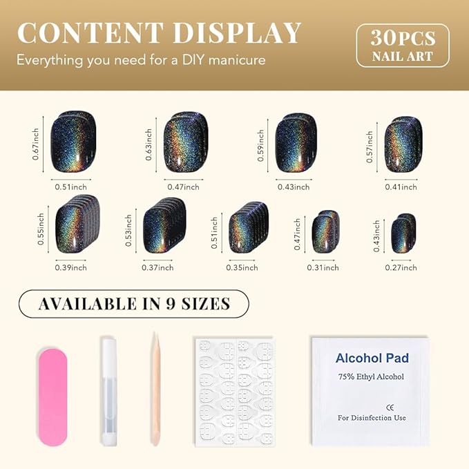 evpct Black Chrome Cat Eye Short Press on Nails Square, Short Square Glue on Nails for Women Gift, Black Metallic Glitter Glossy Reusable Spring Summer Stick Gel Press on Acrylic Fake Nail with Design