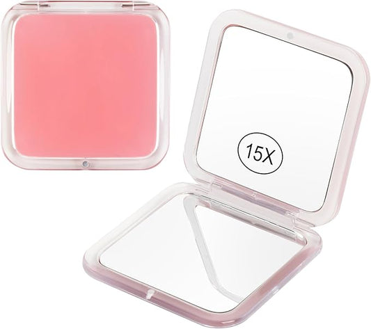 15x Magnifying Compact Mirror for Purses and Travel - Handheld 2 Sided 15x/1x Makeup Mirror - Slim Pocket Mirror, Portable & Foldable Square 3.3” x 3.3” (Pink)