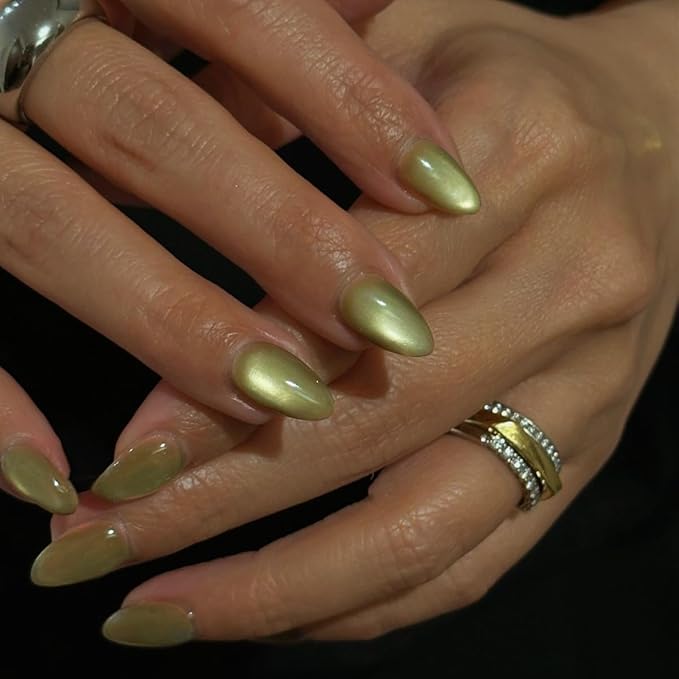 KQueenest Press On Nails Short - Light Green Press On Nails Almond Shape, Glitter Cat Eye Fake Nails with Nail Glue, Reusable Cute Bright Gel Glue On Nails with Color-Shifting Glow, Matcha, 30 Pcs