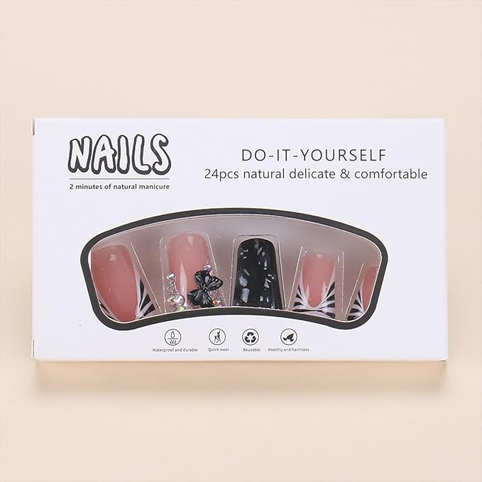 30Pcs Black Duck Press on Nails Short French Tip Fake Nails with Colour Glitter Design Cute Bow False Nails Full Cover Artificial Glue on Nails Nude Stick on Nails for Women Manicure Decorations Tips