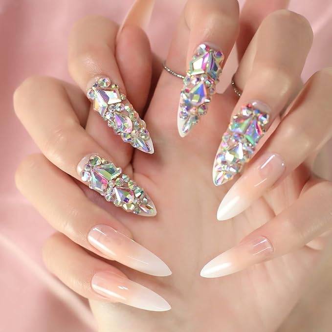 Luxury 3D Rhinestone Gradient Pink Nude Press on Nails Extra Long Stiletto False Fake Nail Tips DIY Fingernail for Wedding Party