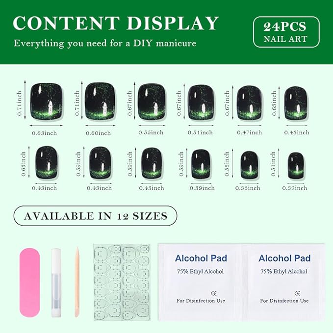 Dark Green Cat Eye Extra Short Press on Nails Square, Petite Short Square Glue on Nails for Women Gift, Smile Light Green Metallic Glitter Glossy Reusable Gel Press on Acrylic Fake Nail with Designs