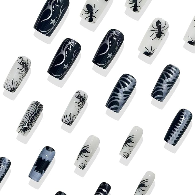 24Pcs Halloween Press on Nails Square Medium Fake Nails with Halloween Ant Centipede Spine Horror Style Pattern Design Black White False Nails Glue on Nails for Women DIY Manicure Halloween