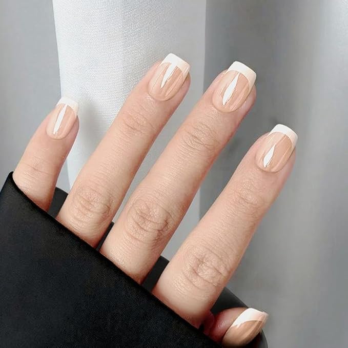 Press On Nail, French Tip Chrome Acrylic Press On Nails Short Square, Designer Reusable Glazed Fake Nails, Glossy Soft Gel Nails Wedding and Party, Stick On Glue On Nails Press Ons for Women