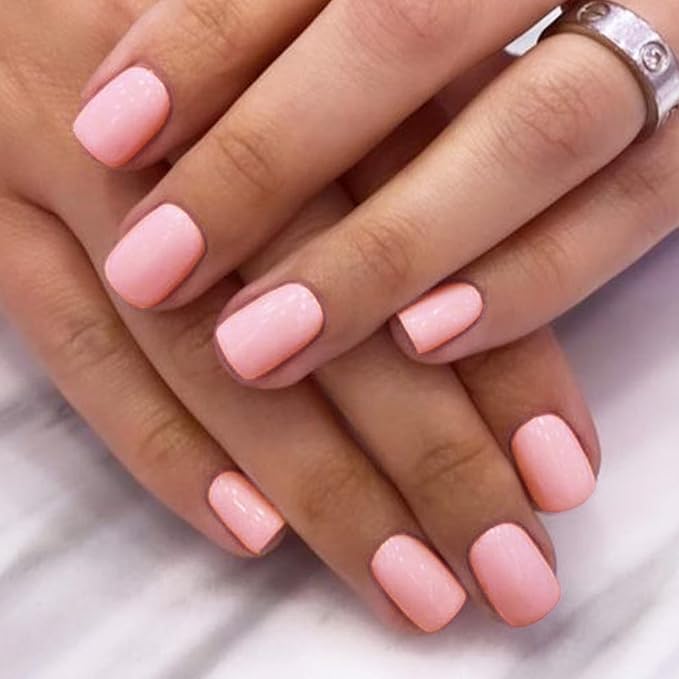 GLAMERMAID Extra Short Press on Nails 24PCS, Light Pink Fall Gel Glue on Nails, Glossy Round Reusable UV Finish Fake Nails Acrylic False Nails Manicure Kits for Women